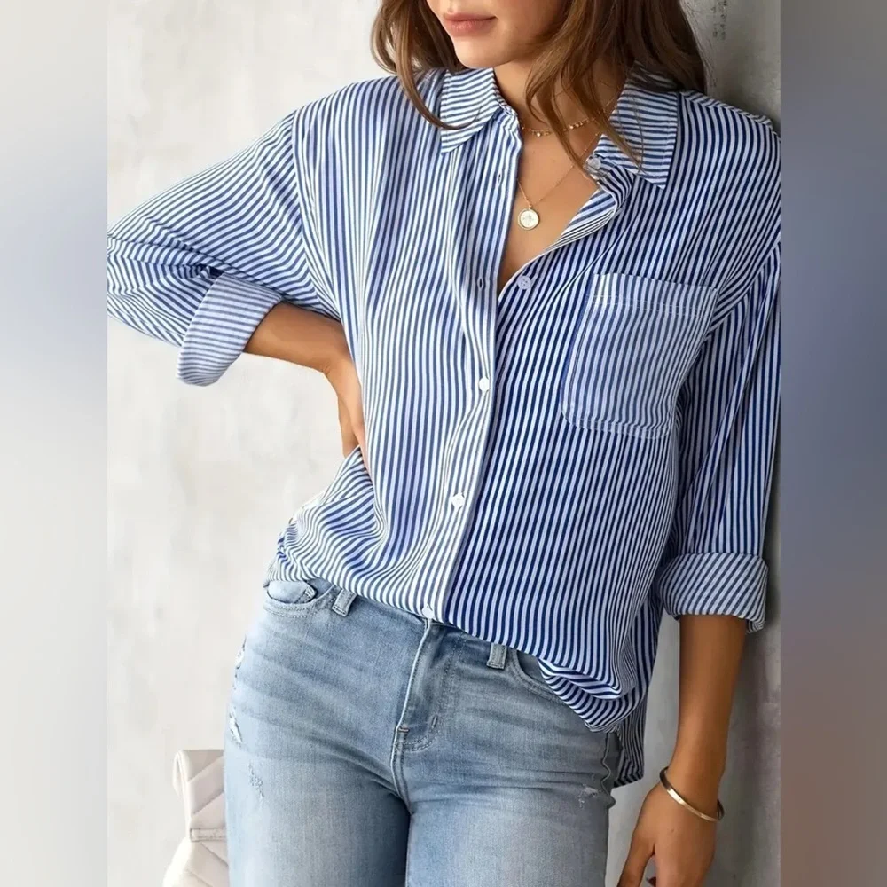Blue & White Striped Button Front Collared Shirt Medium - Picture 2 of 5